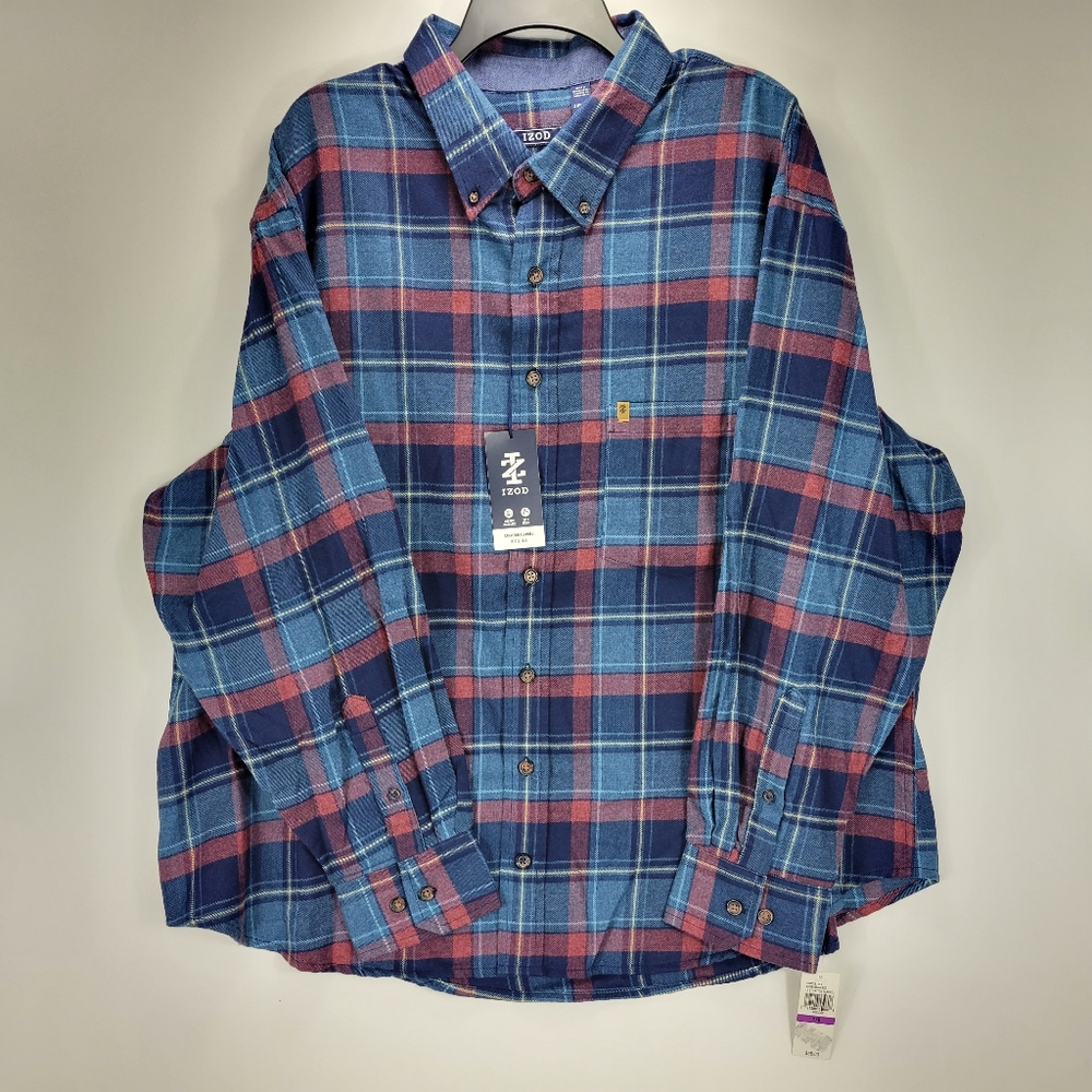 Izod Stratton Flannel Long Sleeve Button Front Shirt Mens Size 2XB Big Blue Red